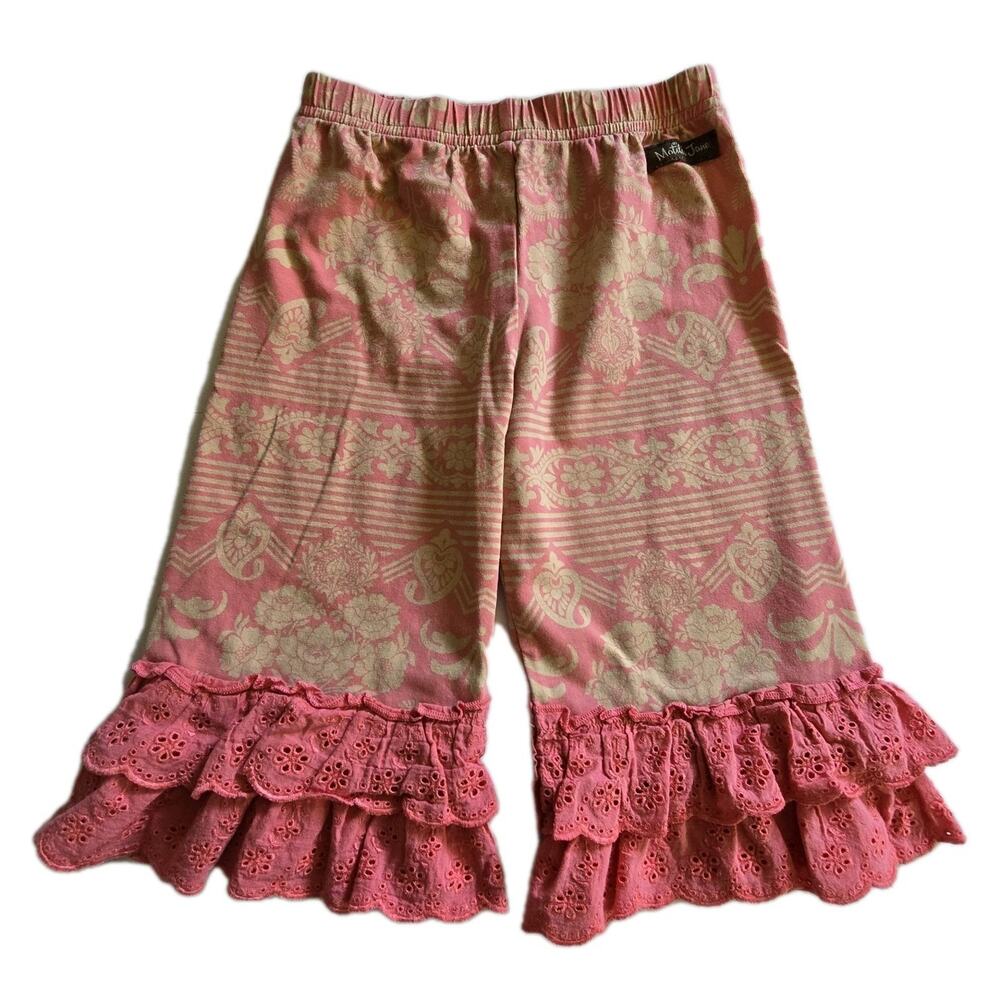 Matilda Jane Ruffled Capri Pants Girls Sz 4 Elastic Pink Coral Tan Lace Whimsy